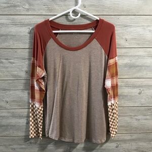 Maurices Rust and Beige Plaid Sleeve Top